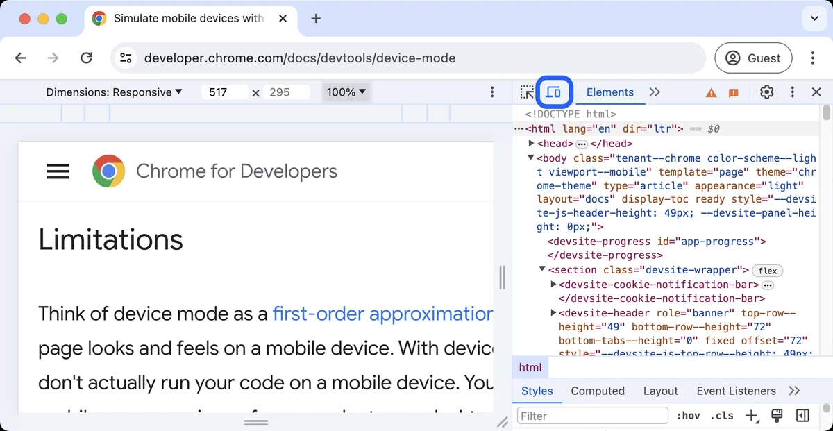 Chrome DevTools dengan Device Mode aktif: toolbar Dimensions Responsive 517 x 295 di atas halaman developer.chrome.com yang tampil dalam layout mobile, tombol Toggle device toolbar disorot