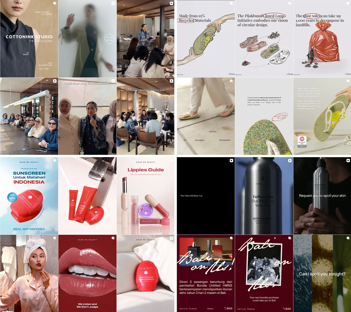 Kolase screenshot grid profil Instagram asli: COTTONINK, Pijak Bumi, Dear Me Beauty, dan HMNS