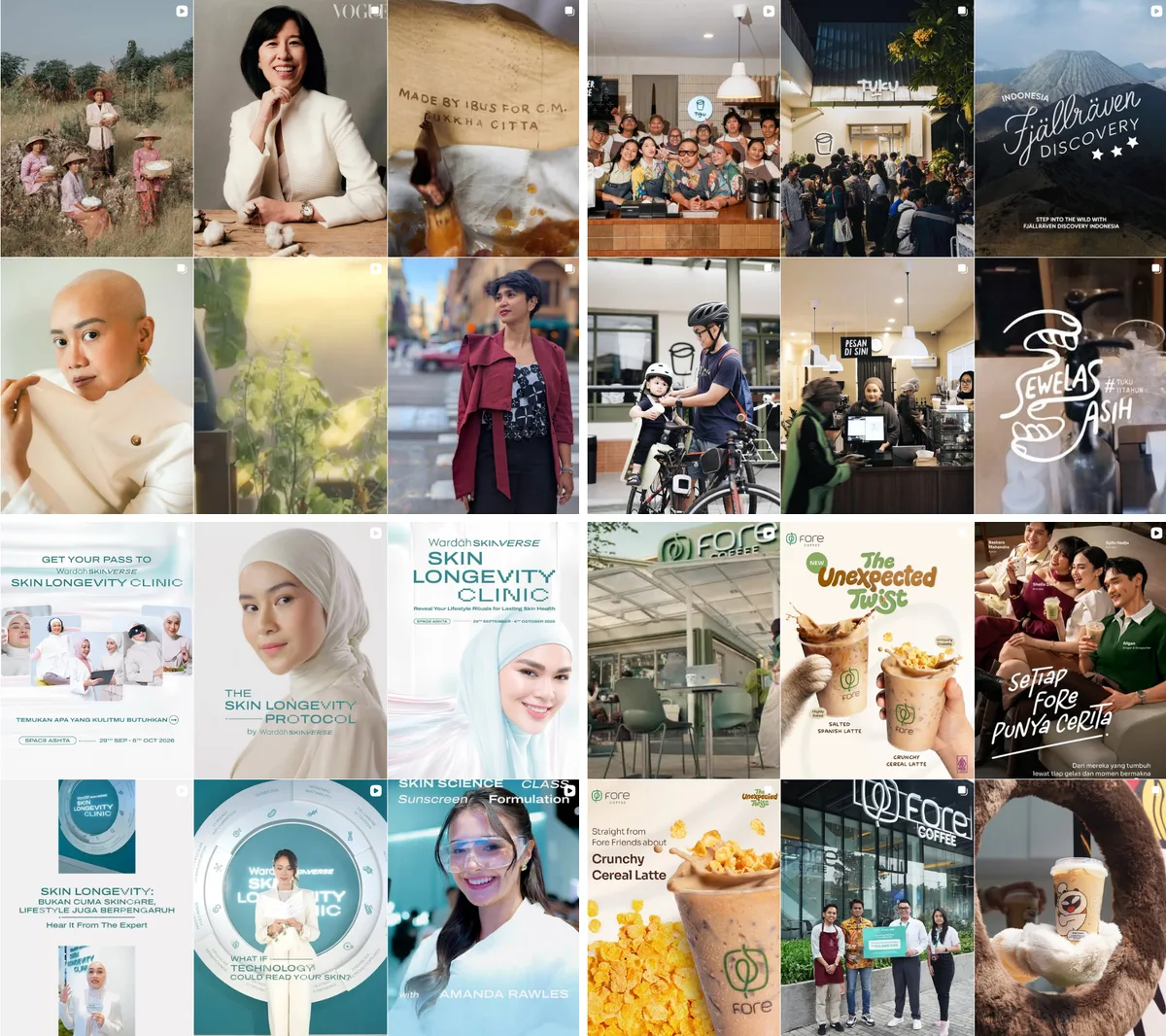 Kolase screenshot grid profil Instagram asli: SukkhaCitta, Toko Kopi Tuku, Wardah, dan Fore Coffee