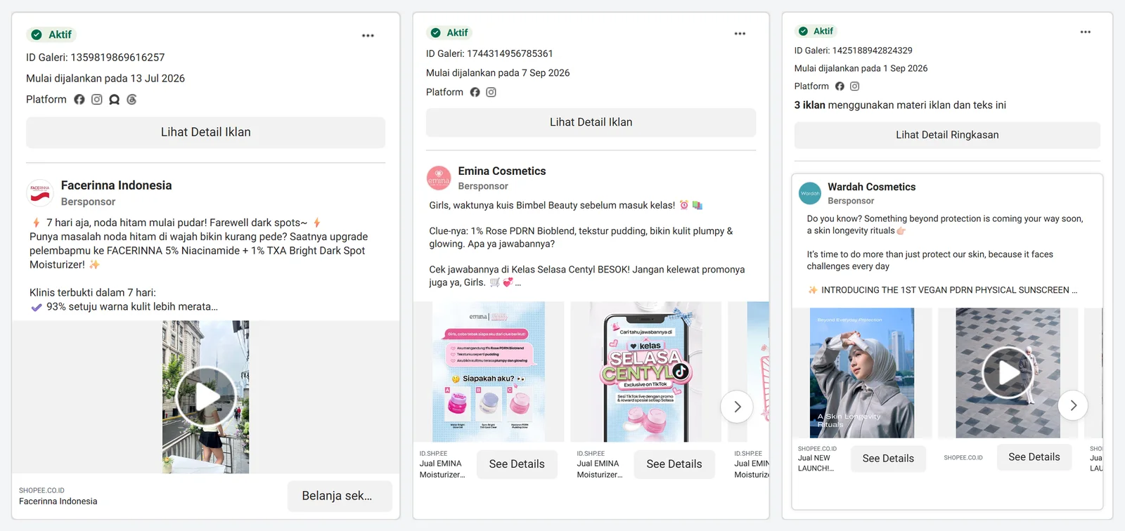 Tiga kartu iklan skincare aktif di Meta Ad Library: Facerinna Indonesia, Emina Cosmetics, dan Wardah Cosmetics