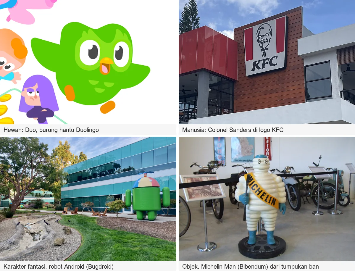 Empat jenis maskot nyata: Duo si burung hantu hijau Duolingo (hewan), wajah Colonel Sanders di logo gerai KFC Tondano (manusia), patung robot Android di kampus Google (karakter fantasi), dan patung Michelin Man dari tumpukan ban (objek)