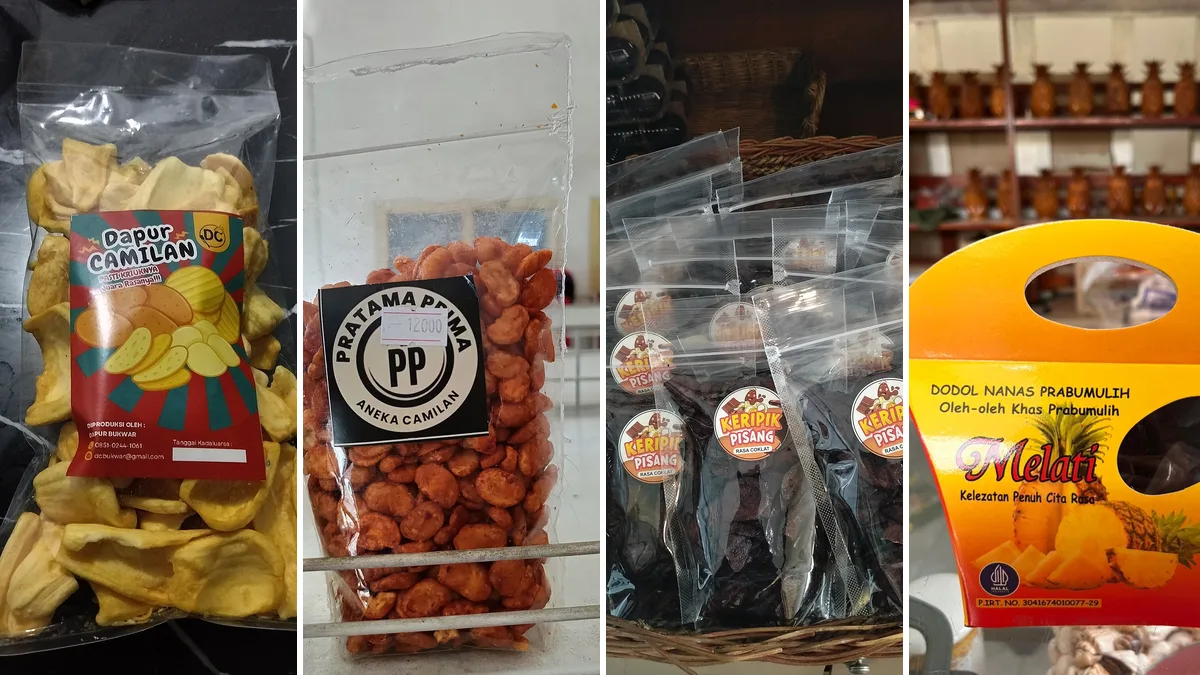 Kolase empat kemasan camilan UMKM Indonesia: Keripik Nangka Dapur Camilan dengan label warna-warni, Pratama Prima dengan stiker hitam di plastik bening, keripik pisang Koperasi Susu SAE Pujon dengan stiker bulat, dan kotak kertas Dodol Nanas Melati khas Prabumulih