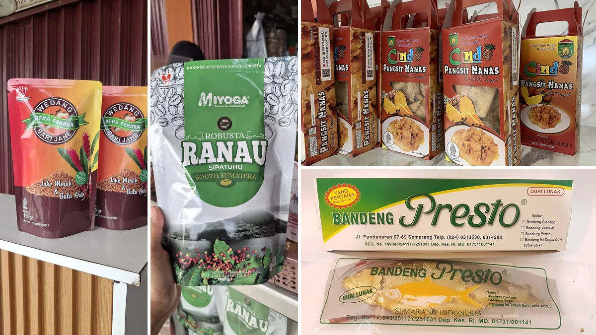 Kolase foto kemasan produk makanan UMKM Indonesia: standing pouch Wedang Sari Jahe Afna Penara, standing pouch kopi Robusta Ranau merek Miyoga, kotak berjendela Pangsit Nanas Cindo, dan kotak karton serta plastik Bandeng Presto Semarang