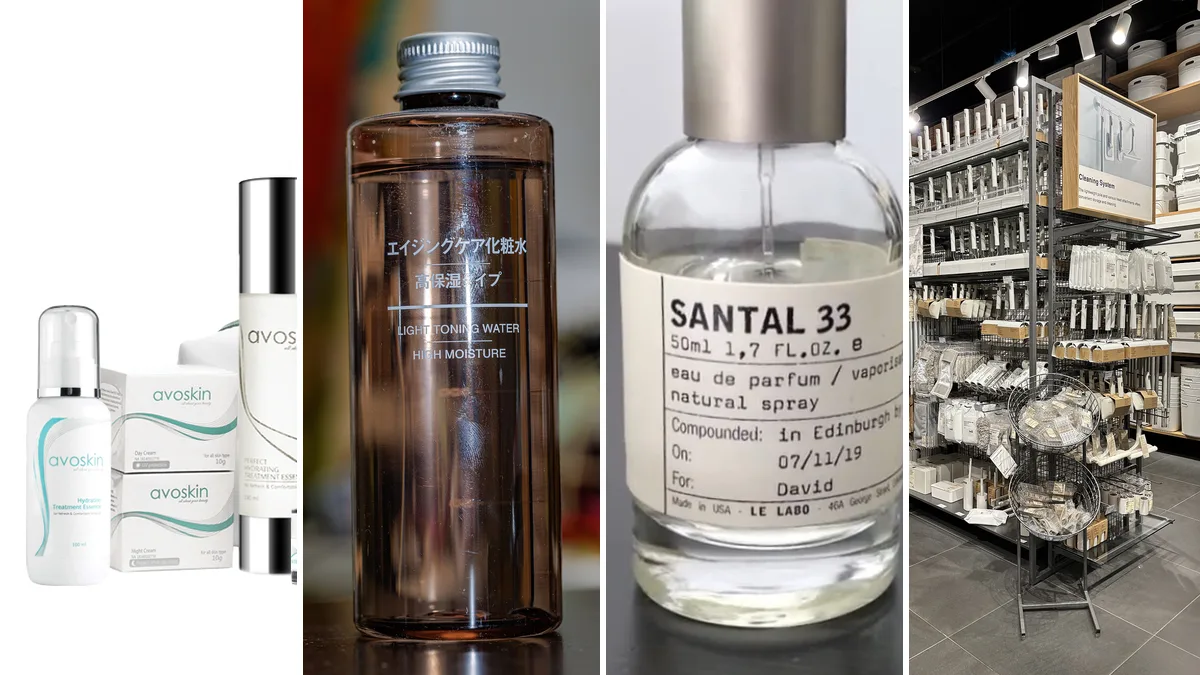 Kolase empat contoh kemasan simpel nyata: rangkaian skincare Avoskin berwarna putih, botol Muji Light Toning Water, botol parfum Le Labo Santal 33 dengan label kertas, dan rak produk kebersihan Muji bernuansa putih