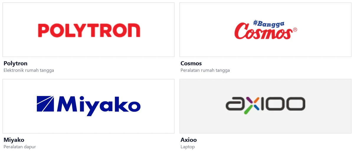 Logo brand elektronik Polytron, Cosmos, Miyako, dan Axioo diambil dari header situs resminya