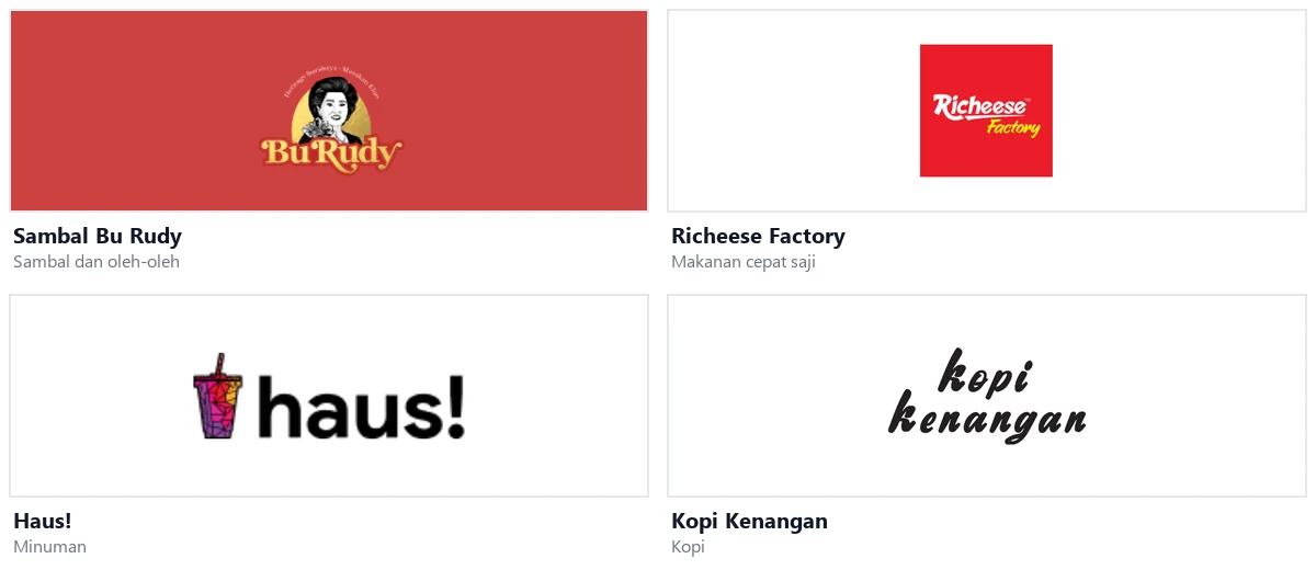 Logo brand makanan dan minuman lokal Sambal Bu Rudy, Richeese Factory, Haus!, dan Kopi Kenangan diambil dari header situs resminya
