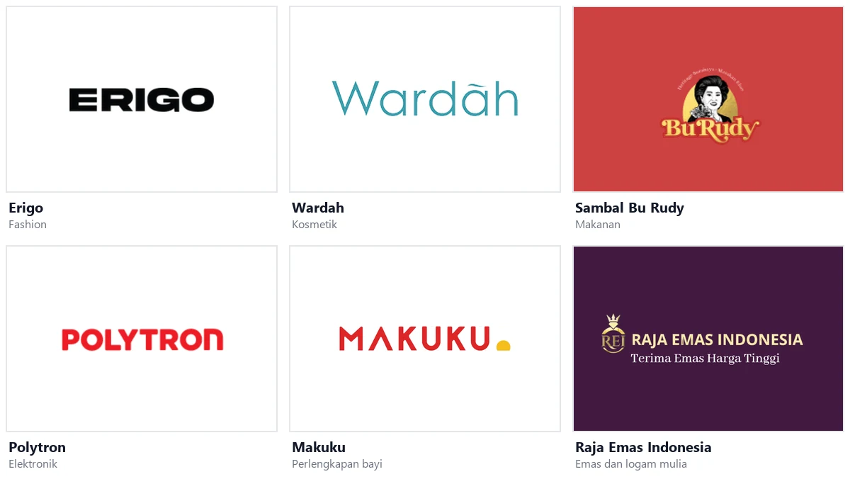 Logo asli enam brand lokal yang berjualan online: Erigo, Wardah, Sambal Bu Rudy, Polytron, Makuku, dan Raja Emas Indonesia