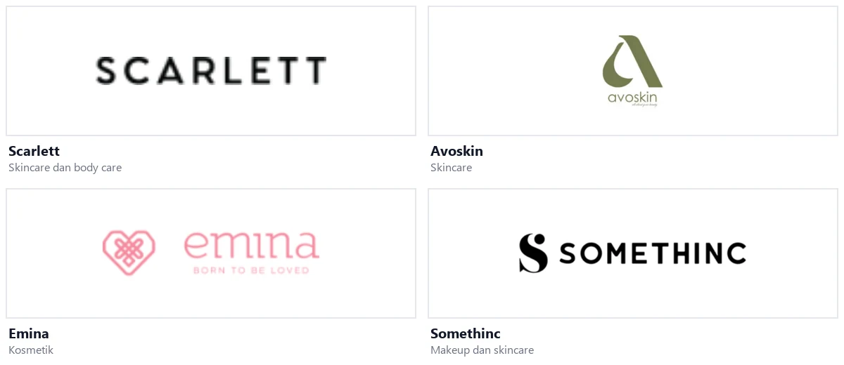 Logo brand skincare dan kosmetik lokal Scarlett, Avoskin, Emina, dan Somethinc diambil dari header situs resminya