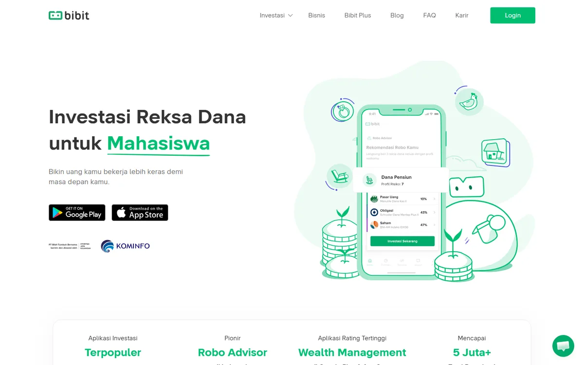 Screenshot beranda Bibit dengan headline Investasi Reksa Dana, ilustrasi layar aplikasi di ponsel, dan tombol Google Play serta App Store