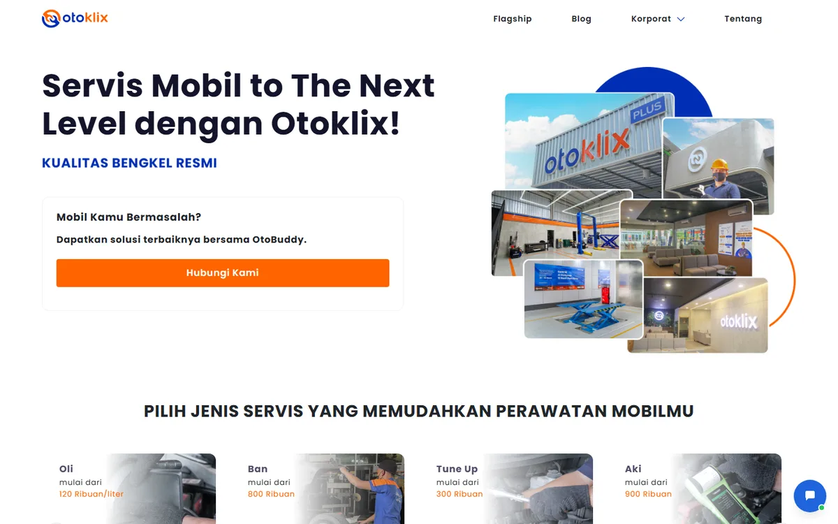 Screenshot beranda Otoklix dengan headline servis mobil, tombol Hubungi Kami, dan kartu jenis servis oli, ban, tune up, aki beserta harga mulai dari
