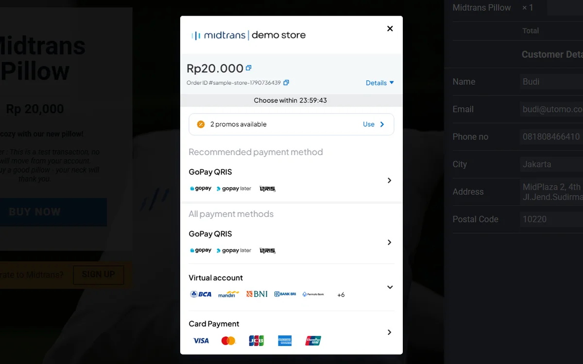 Screenshot halaman pembayaran di Demo Store Midtrans dengan total Rp20.000, batas waktu bayar, pilihan GoPay QRIS, virtual account bank, dan kartu kredit