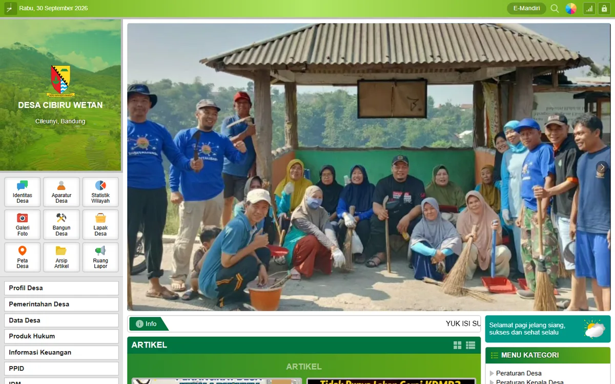 Screenshot beranda website Desa Cibiru Wetan dengan ikon layanan seperti Identitas Desa, Statistik Wilayah, Lapak Desa, Peta Desa, dan foto kegiatan warga