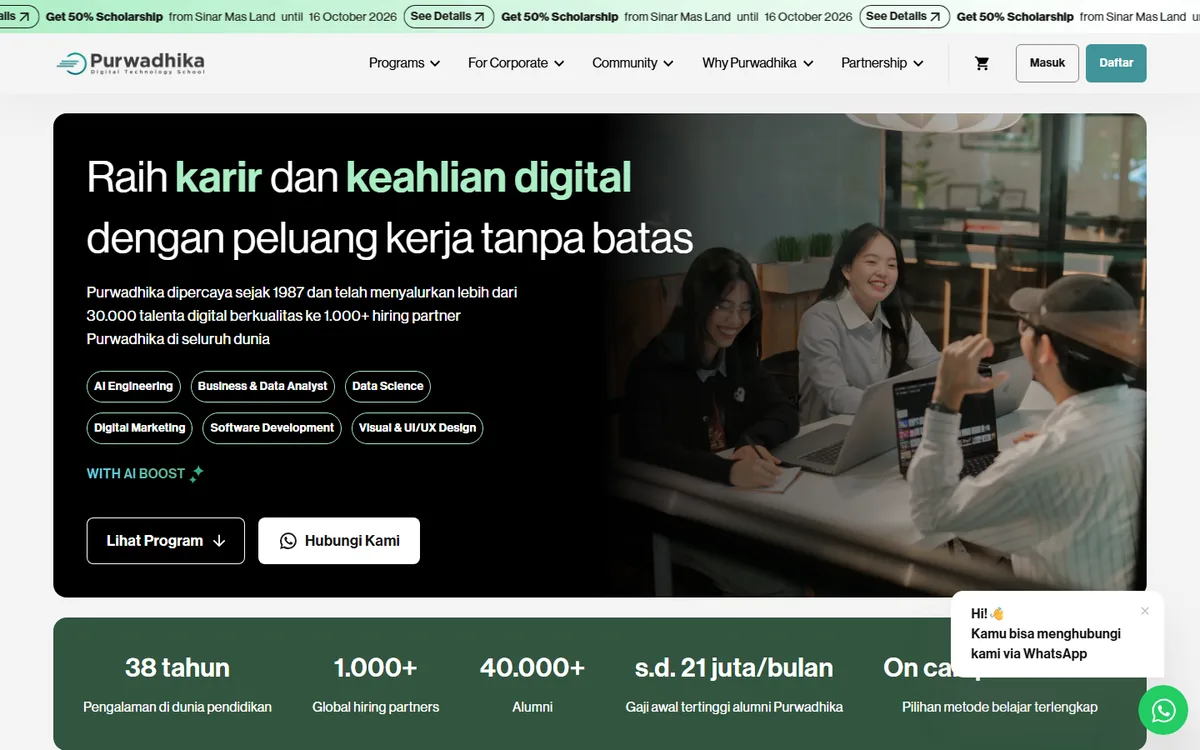 Screenshot beranda Purwadhika dengan headline karier digital, pilihan program, tombol Lihat Program, dan angka 38 tahun, 1.000 lebih hiring partner, 40.000 lebih alumni