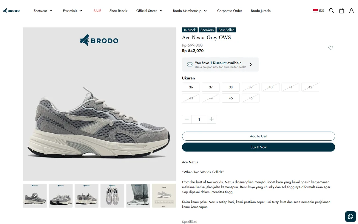 Screenshot halaman produk sepatu Ace Nexus Grey OWS di webstore BRODO dengan foto produk, thumbnail, pilihan ukuran, dan tombol Add to Cart serta Buy It Now