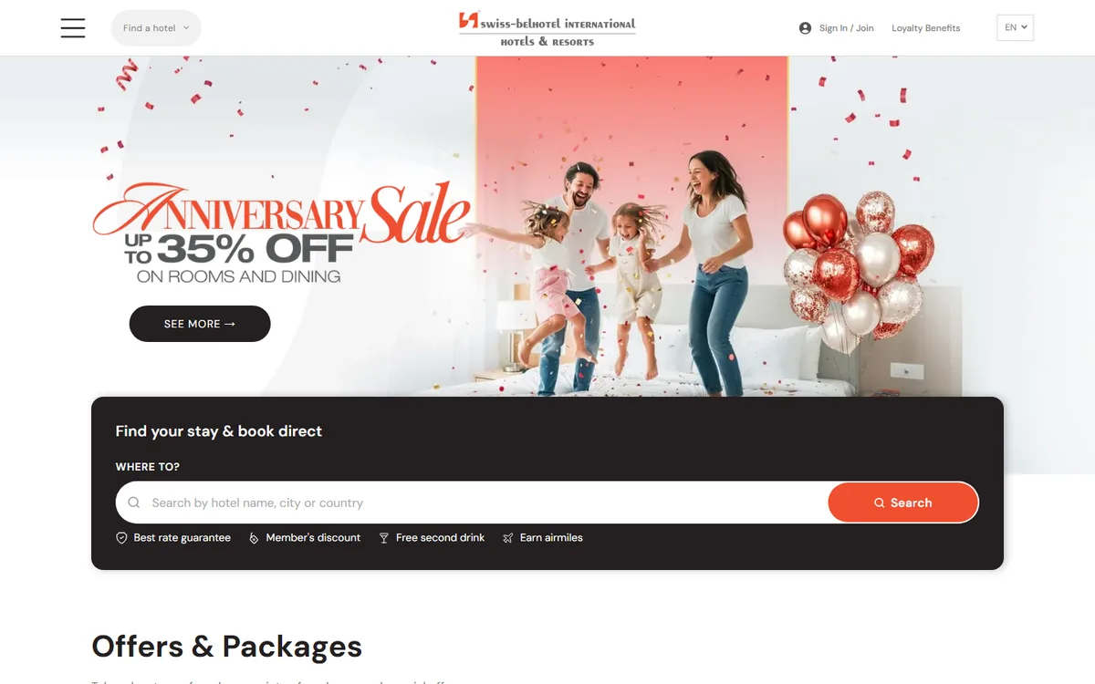 Screenshot beranda Swiss-Belhotel International dengan banner promo dan kotak Find your stay and book direct untuk mencari hotel berdasarkan nama, kota, atau negara
