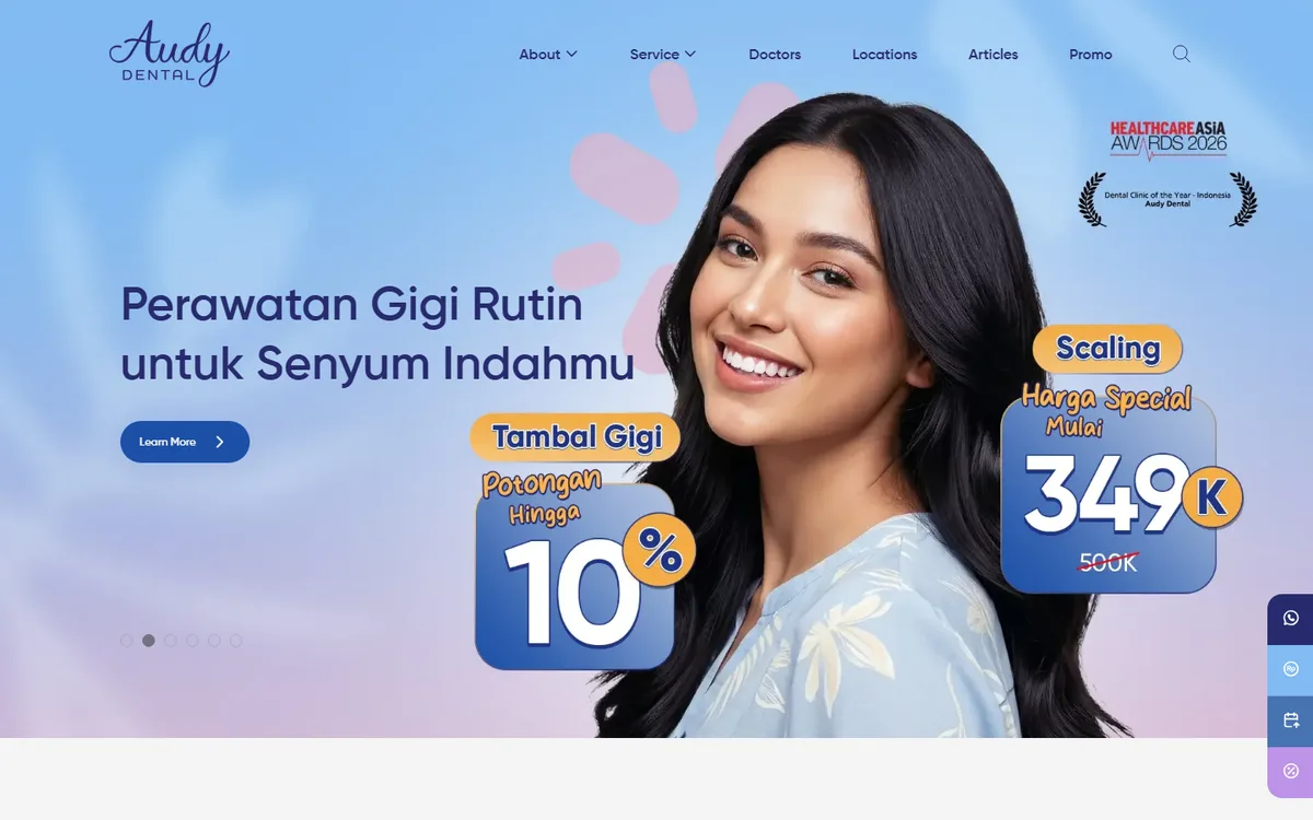 Screenshot beranda website Audy Dental dengan menu Service, Doctors, Locations, slider promo perawatan gigi, dan tombol cepat di sisi kanan