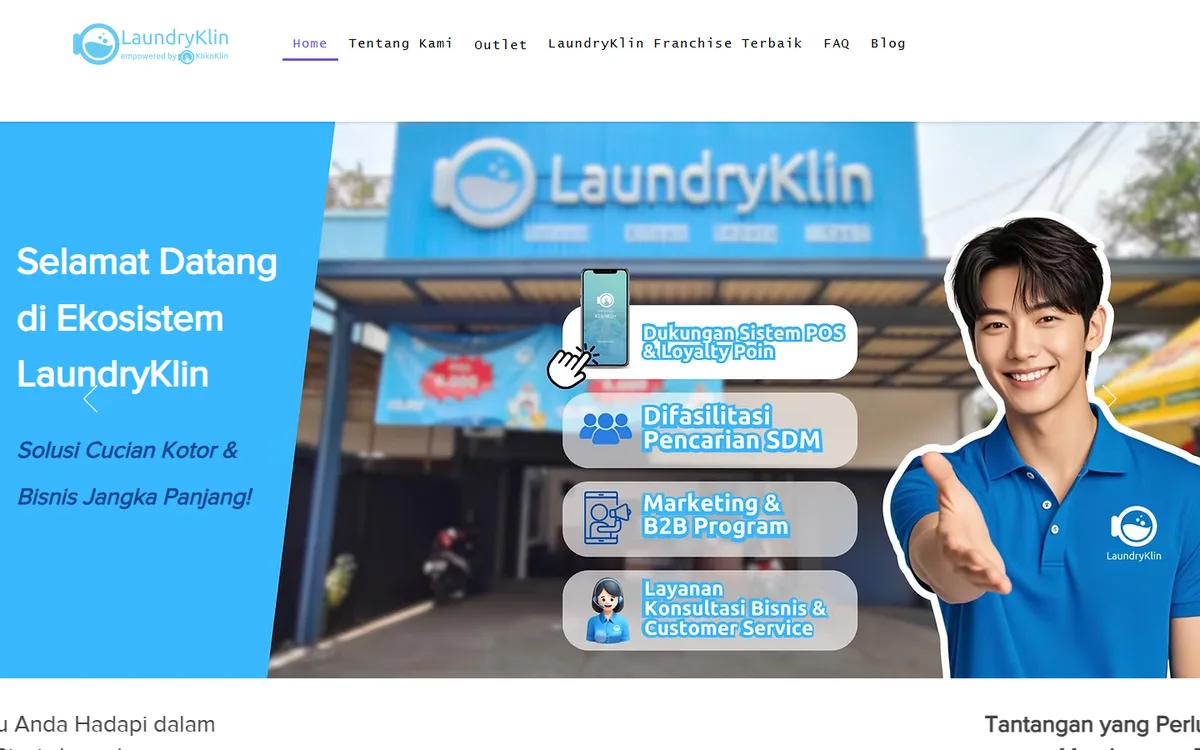 Screenshot beranda LaundryKlin dengan hero biru, headline Selamat Datang di Ekosistem LaundryKlin, dan kartu keunggulan kemitraan