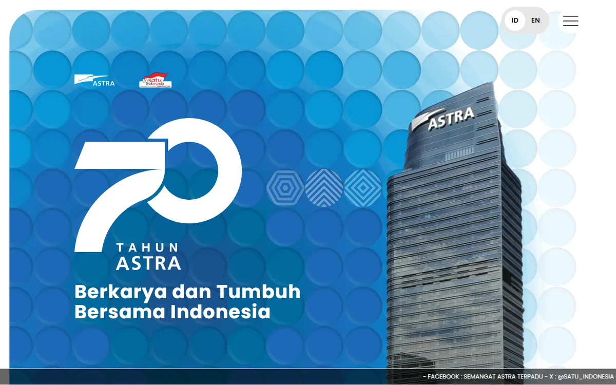 Screenshot beranda PT Astra International Tbk dengan visual 70 Tahun Astra, tagline Berkarya dan Tumbuh Bersama Indonesia, dan gedung berlogo Astra