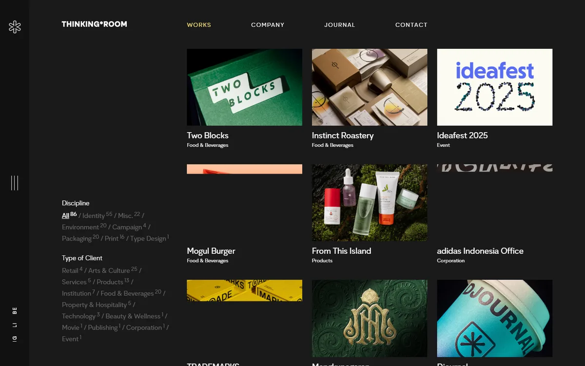 Screenshot halaman Works Thinking Room berupa grid proyek branding berlatar gelap dengan filter disiplin dan jenis klien