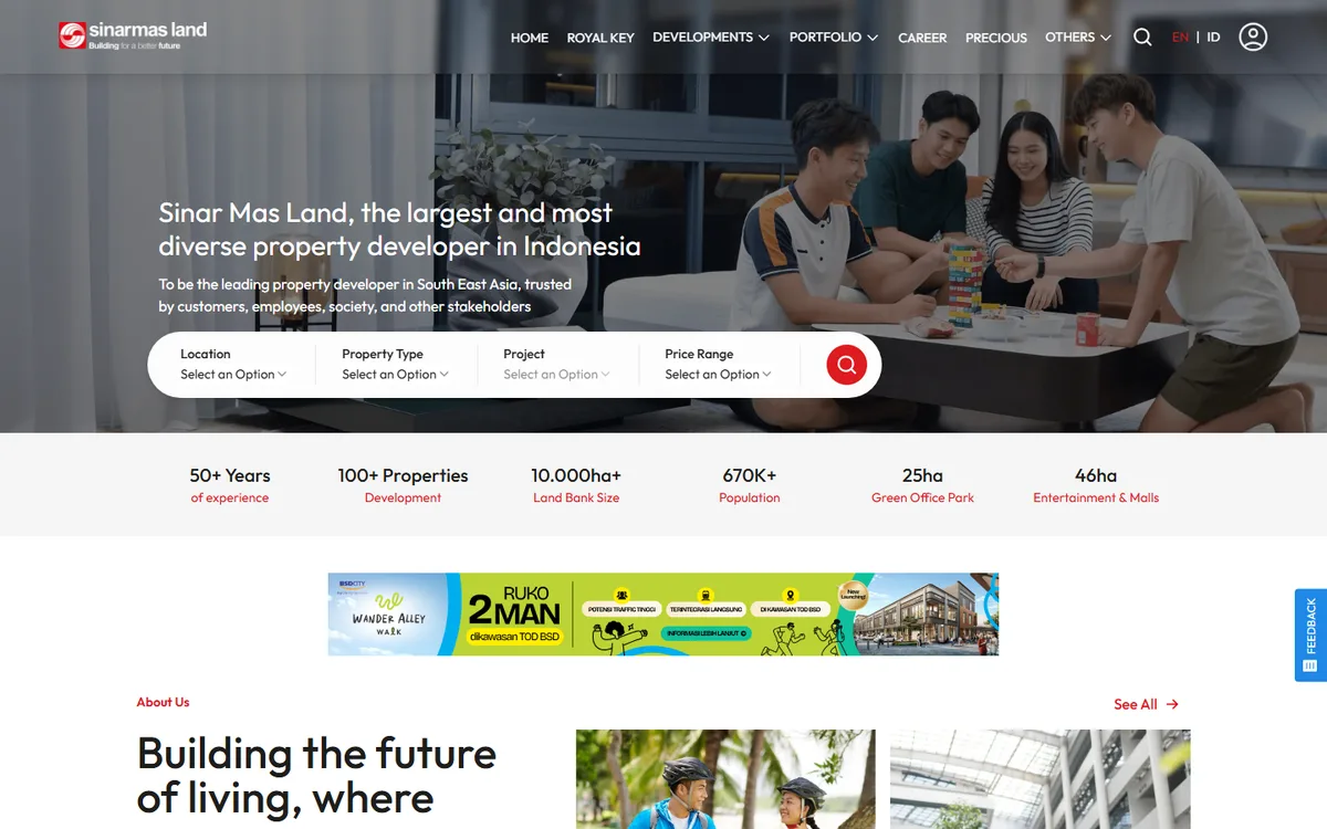 Screenshot beranda Sinar Mas Land dengan kolom pencarian properti berdasarkan Location, Property Type, Project, dan Price Range