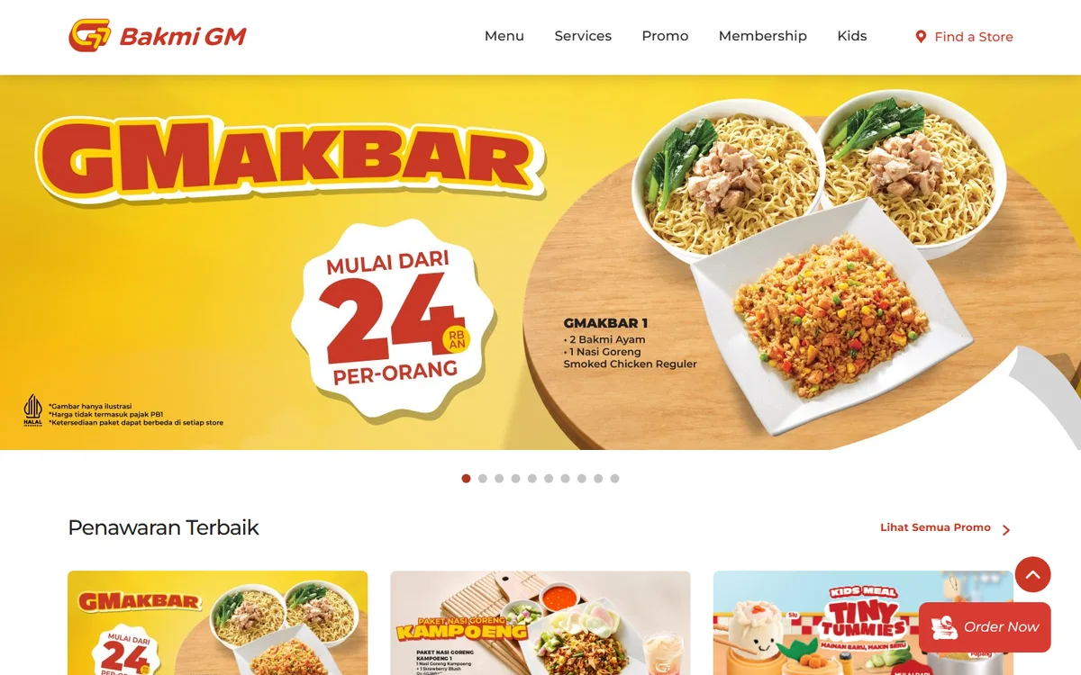 Screenshot beranda Bakmi GM dengan banner promo GMakbar bergambar bakmi dan nasi goreng, menu Find a Store, dan tombol Order Now