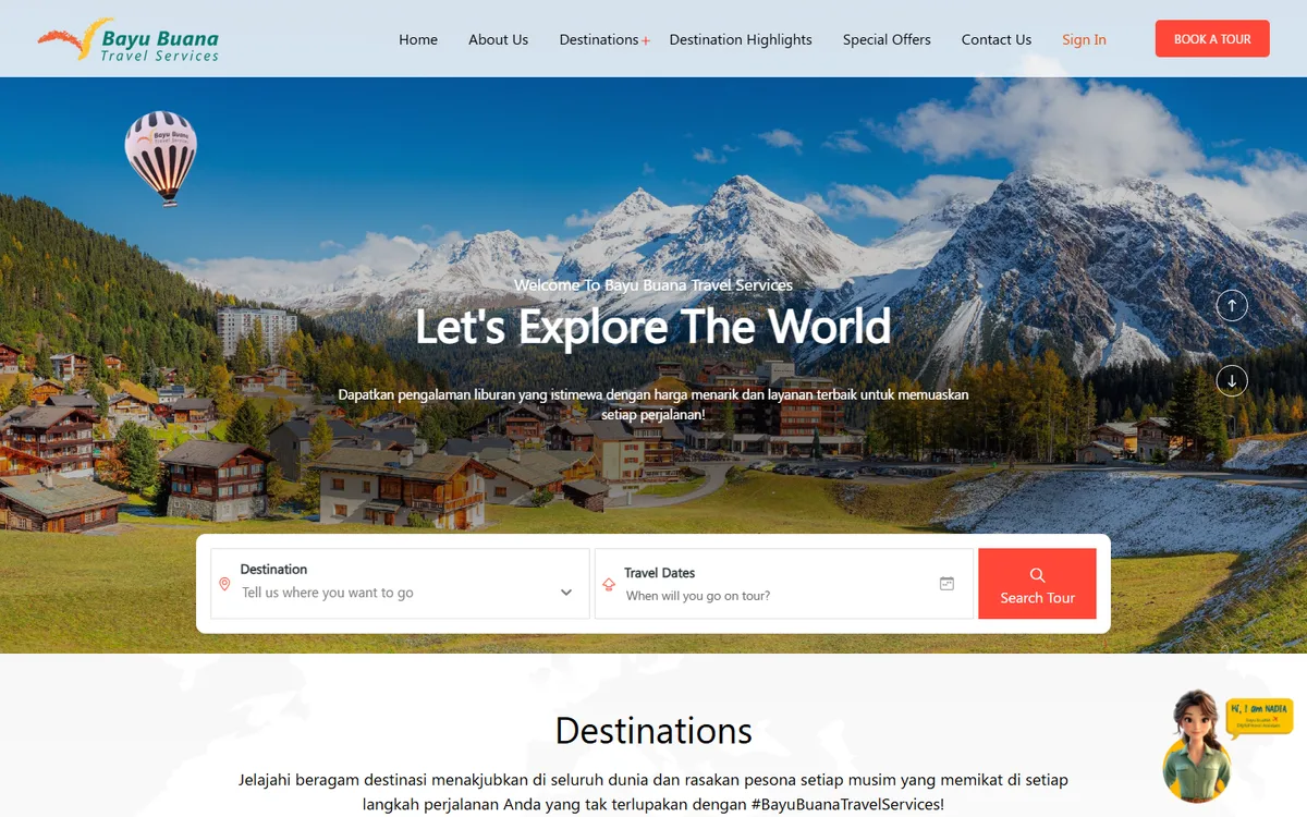 Screenshot beranda Bayu Buana Travel Services dengan foto pegunungan, headline Lets Explore The World, dan kolom pencarian tur berdasarkan destinasi dan tanggal