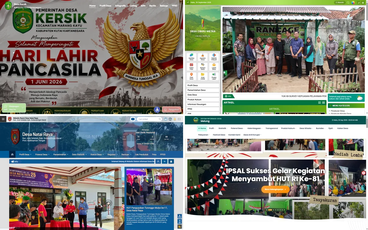 Kolase screenshot beranda website Desa Kersik, Desa Cibiru Wetan, Desa Natai Raya, dan Desa Melung