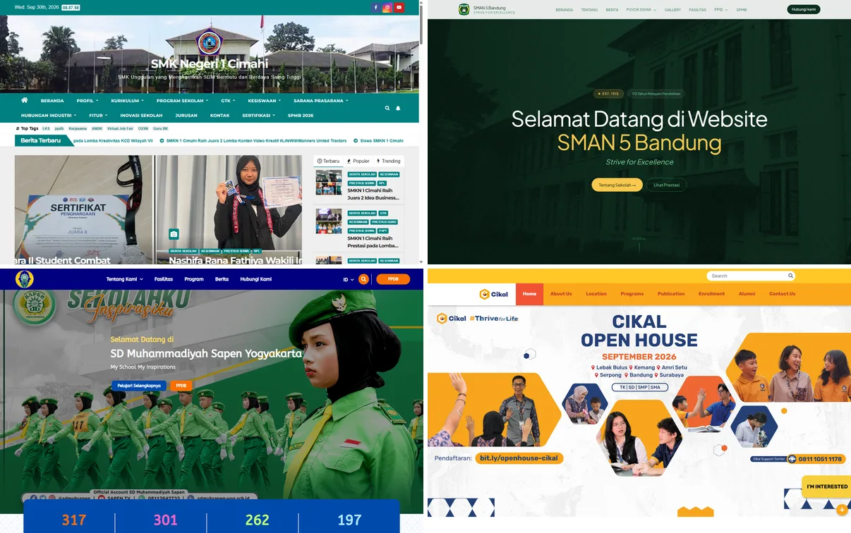 Kolase screenshot beranda website SMKN 1 Cimahi, SMAN 5 Bandung, SD Muhammadiyah Sapen Yogyakarta, dan Sekolah Cikal