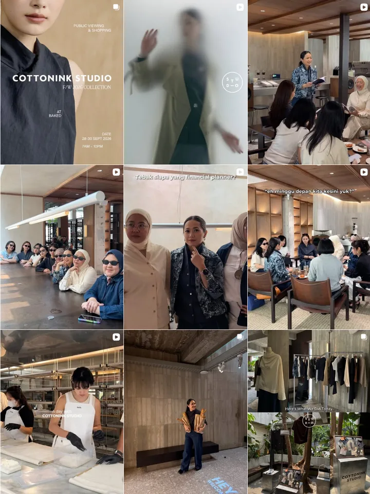 Screenshot grid Instagram COTTONINK berisi foto koleksi, acara, dan video dengan tone warna kalem yang seragam