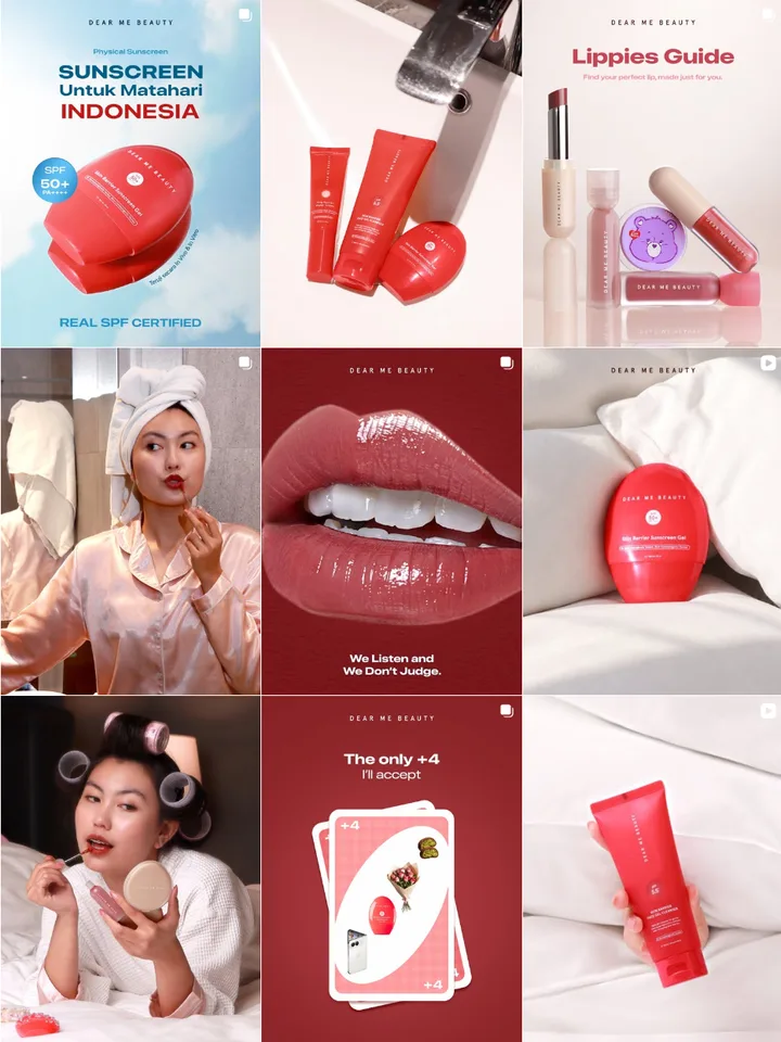 Screenshot grid Instagram Dear Me Beauty dengan warna merah dan putih yang berulang di sembilan post teratas