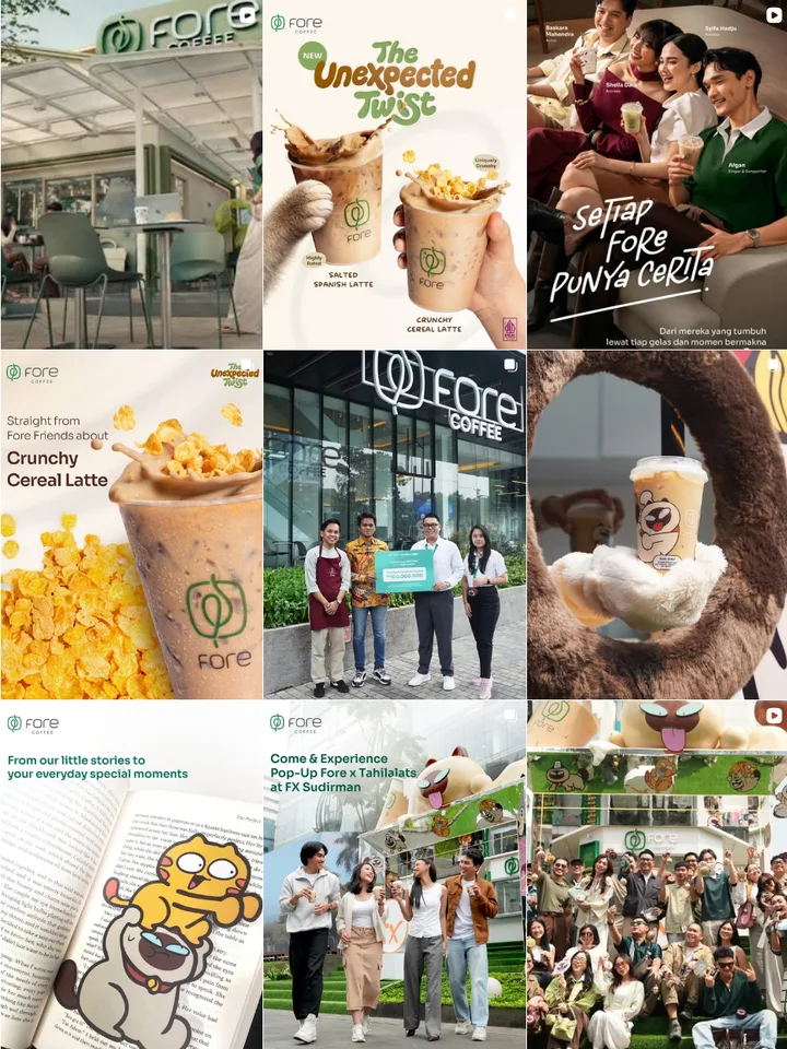 Screenshot grid Instagram Fore Coffee dengan logo daun hijau Fore di sebagian besar post