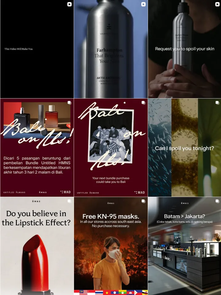 Screenshot grid Instagram HMNS Perfumery yang didominasi latar hitam dan merah marun