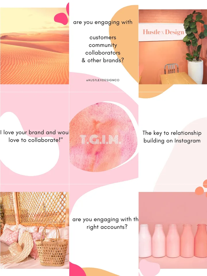 Screenshot grid Instagram Hustle x Design berupa puzzle feed dengan bentuk pink dan oranye yang bersambung antar-post