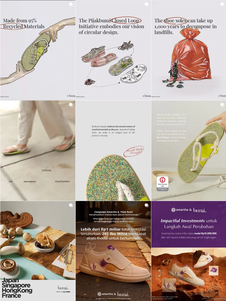 Screenshot grid Instagram Pijak Bumi dengan baris teratas berisi tiga post ilustrasi bergaya sama