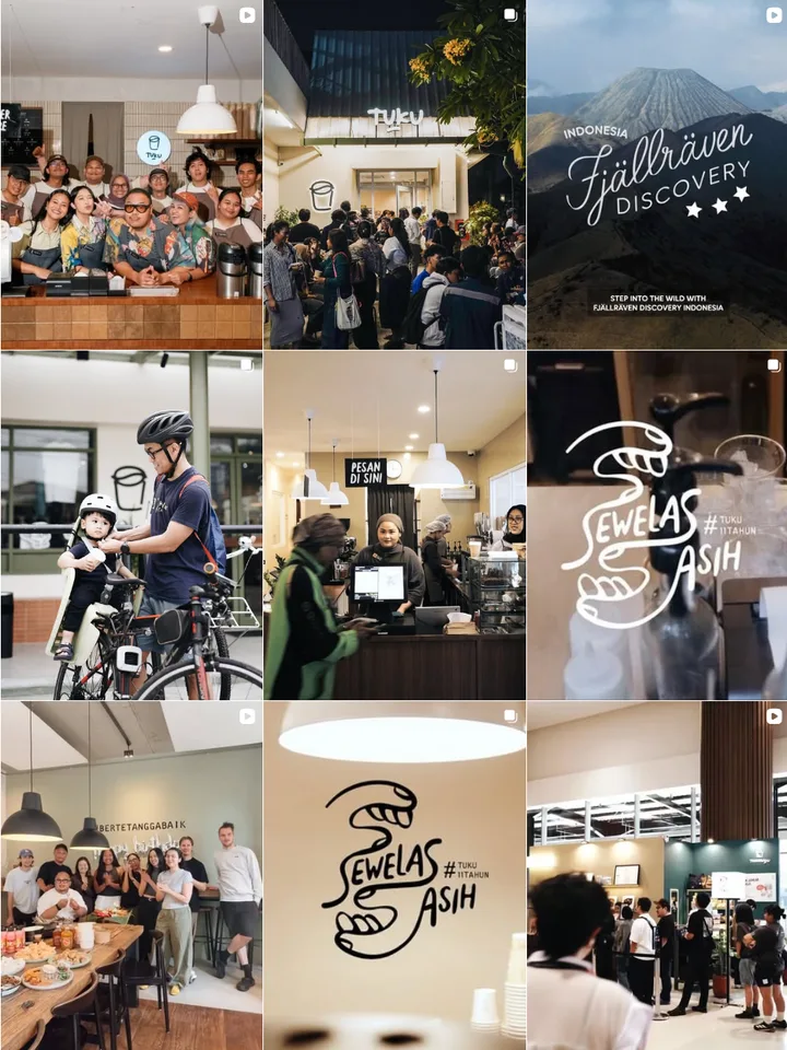 Screenshot grid Instagram Toko Kopi Tuku berisi foto suasana toko dan ilustrasi garis Sewelas Asih
