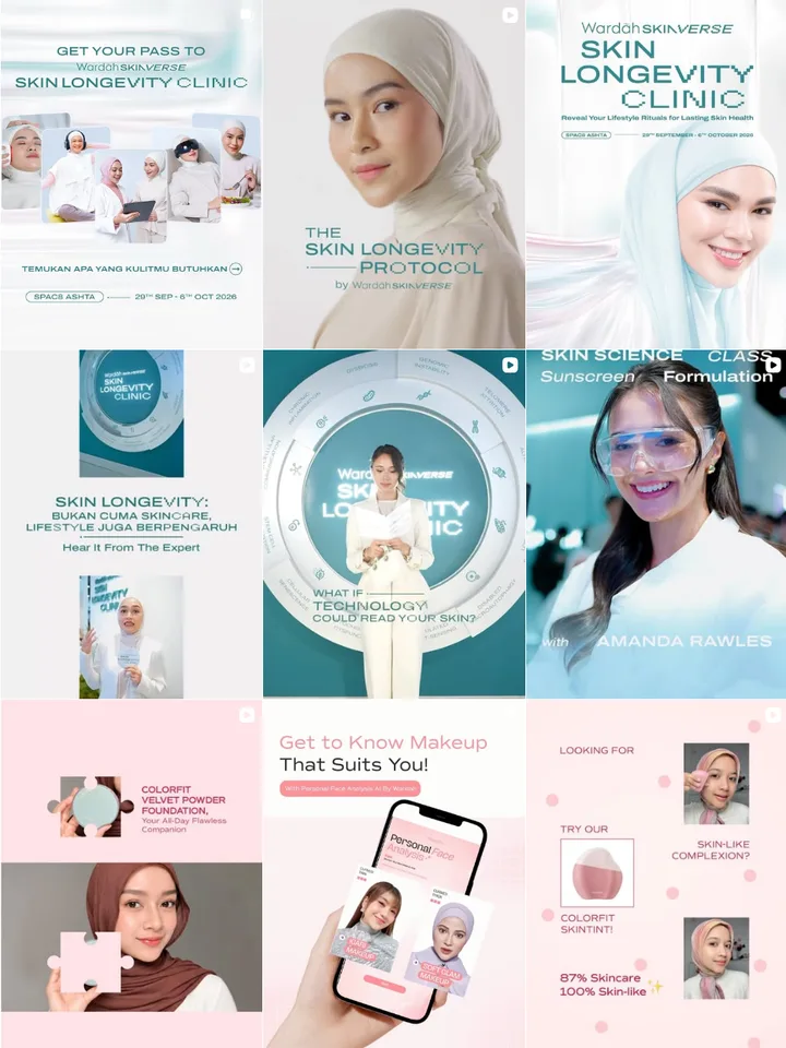 Screenshot grid Instagram Wardah dengan dua baris kampanye bernuansa toska dan satu baris post bernuansa pink