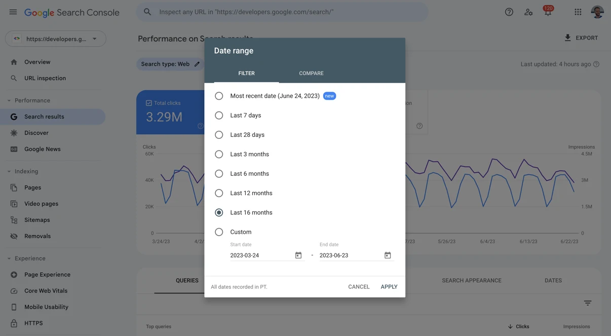 Laporan Performa Google Search Console dengan dialog filter rentang tanggal, opsi Last 16 months terpilih, dari dokumentasi Google Search Central