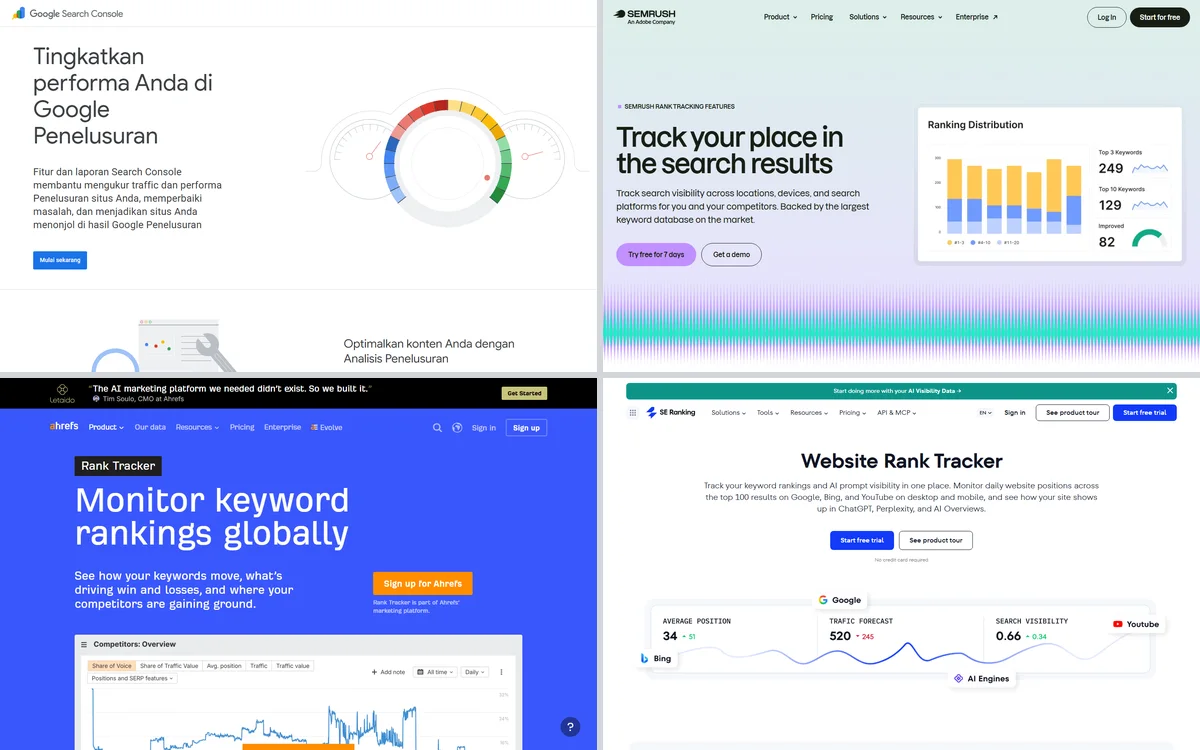Kolase screenshot halaman resmi Google Search Console, fitur Rank Tracking Semrush, Rank Tracker Ahrefs, dan Website Rank Tracker SE Ranking