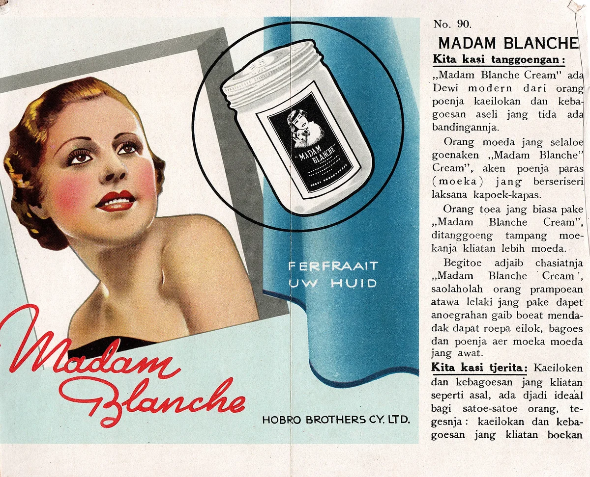 Iklan cetak krim wajah Madam Blanche di majalah Moestika tahun 1940 dengan ilustrasi perempuan, toples krim, dan teks ejaan lama