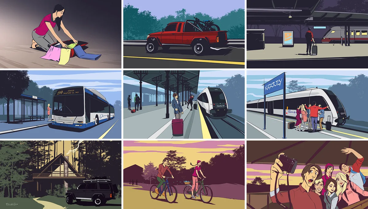Sembilan ilustrasi berurutan karya GARRA: berkemas, perjalanan dengan mobil pikap, kereta, dan bus, bertemu teman di stasiun, bersepeda, lalu berfoto selfie bersama