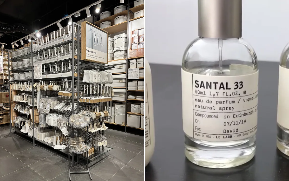 Rak produk kebersihan rumah tangga di toko Muji yang didominasi warna putih dan kraft, serta botol parfum Le Labo Santal 33 dengan label kertas bertuliskan nama dan nomor varian