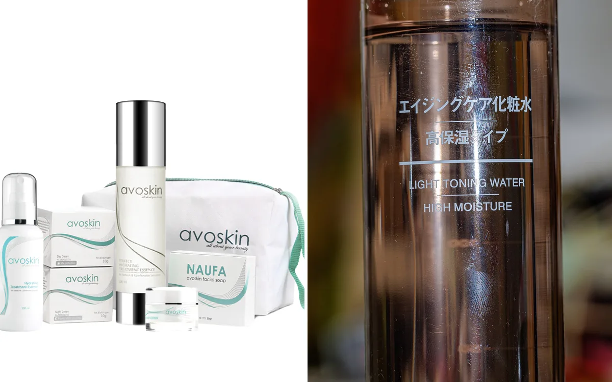 Kemasan skincare minimalis: rangkaian produk Avoskin dengan botol dan kotak putih beraksen hijau tosca, serta botol transparan Muji Light Toning Water dengan teks satu warna