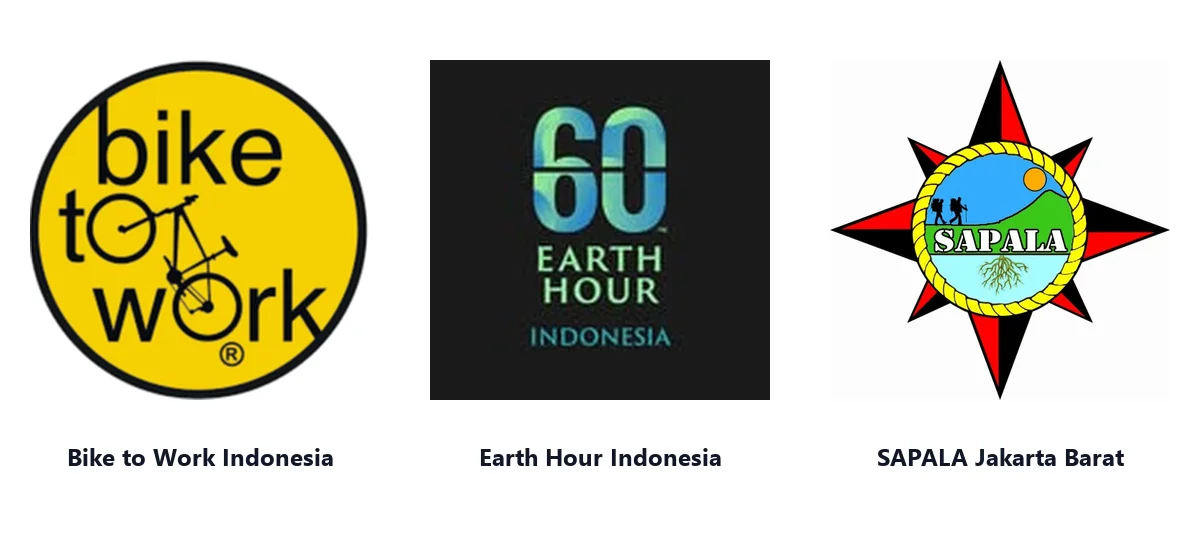 Tiga logo komunitas asli Indonesia: Bike to Work Indonesia (lingkaran kuning dengan tulisan bike to work dan sepeda), Earth Hour Indonesia (angka 60 bergradasi biru-hijau), dan SAPALA (emblem kompas merah-hitam berbingkai tali)