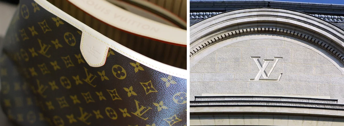 Foto asli monogram LV Louis Vuitton sebagai motif kanvas tas dan sebagai pahatan di fasad gedung Louis Vuitton di Rue du Pont-Neuf, Paris