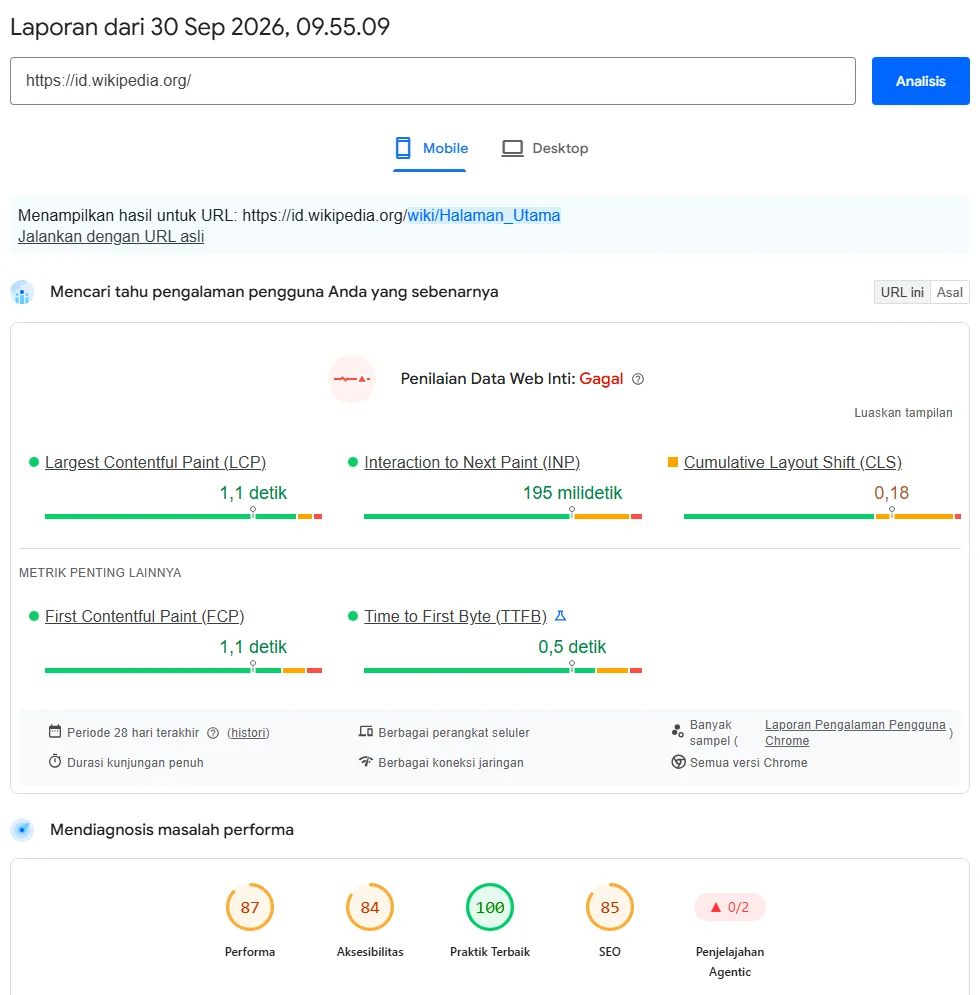 Hasil PageSpeed Insights mobile untuk id.wikipedia.org tanggal 30 September 2026: penilaian Core Web Vitals dari data pengguna Chrome Gagal karena CLS 0,18, sementara skor Performa Lighthouse 87