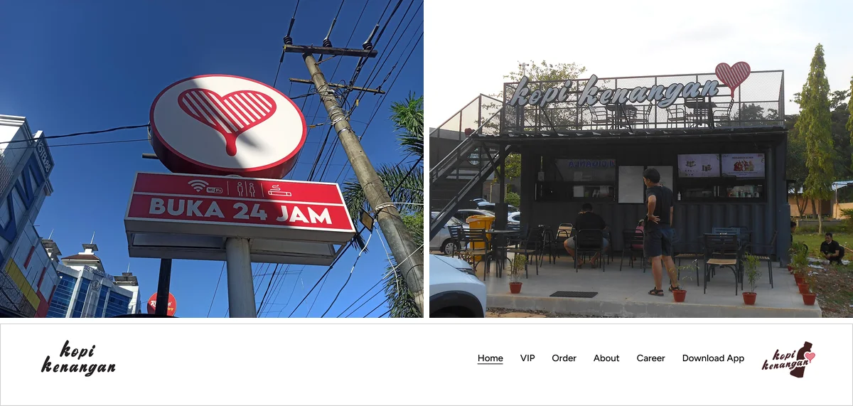 Logo Kopi Kenangan di tiga media: papan tiang bulat bersimbol hati di Banjarmasin, papan nama di atap gerai kontainer tempat istirahat km 88 A Jalan Tol Cikampek-Purwakarta-Bandung, dan header website kopikenangan.com