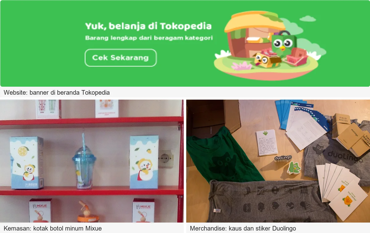 Penerapan maskot di tiga media: maskot burung hantu hijau Tokopedia di banner beranda website, ilustrasi maskot di kotak kemasan botol minum Mixue, dan stiker Duo serta kaus dalam paket merchandise Duolingo