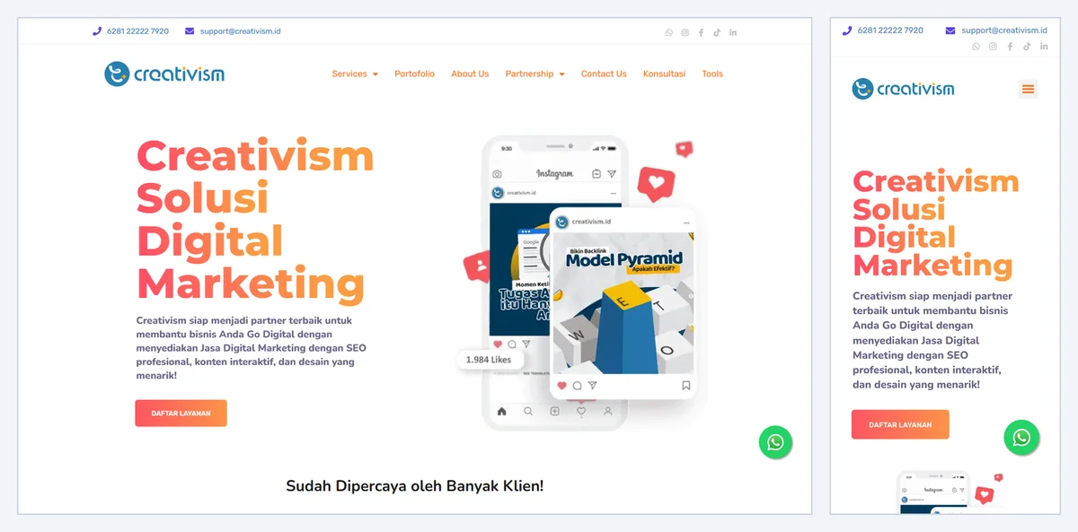 Beranda creativism.id di layar desktop 1440 piksel dengan menu lengkap dan di layar ponsel 390 piksel dengan menu hamburger, URL dan konten yang sama