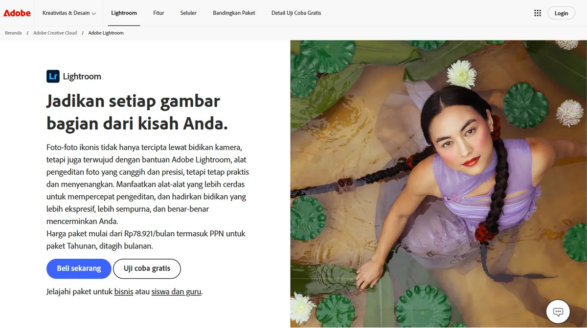 Screenshot halaman resmi Adobe Lightroom versi Indonesia