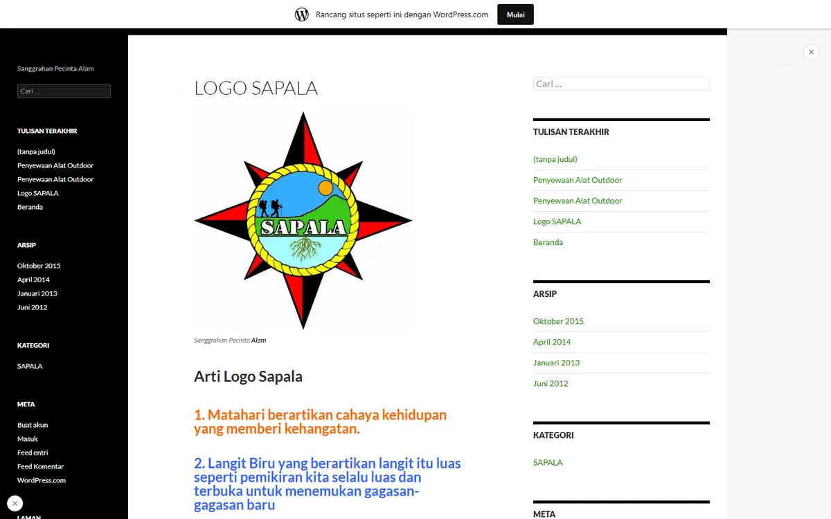 Screenshot halaman Logo SAPALA di blog Sanggrahan Pecinta Alam: emblem kompas merah-hitam, bingkai tali kuning, dua pendaki, matahari, dan akar